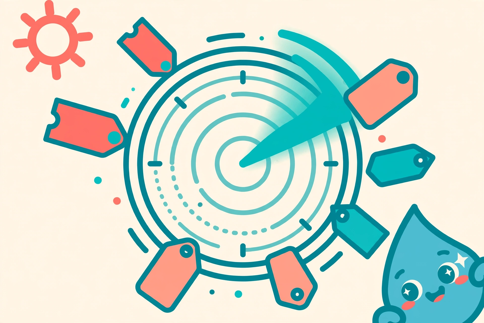 Playful illustration of a radar sweeping up coupon tags and price badges