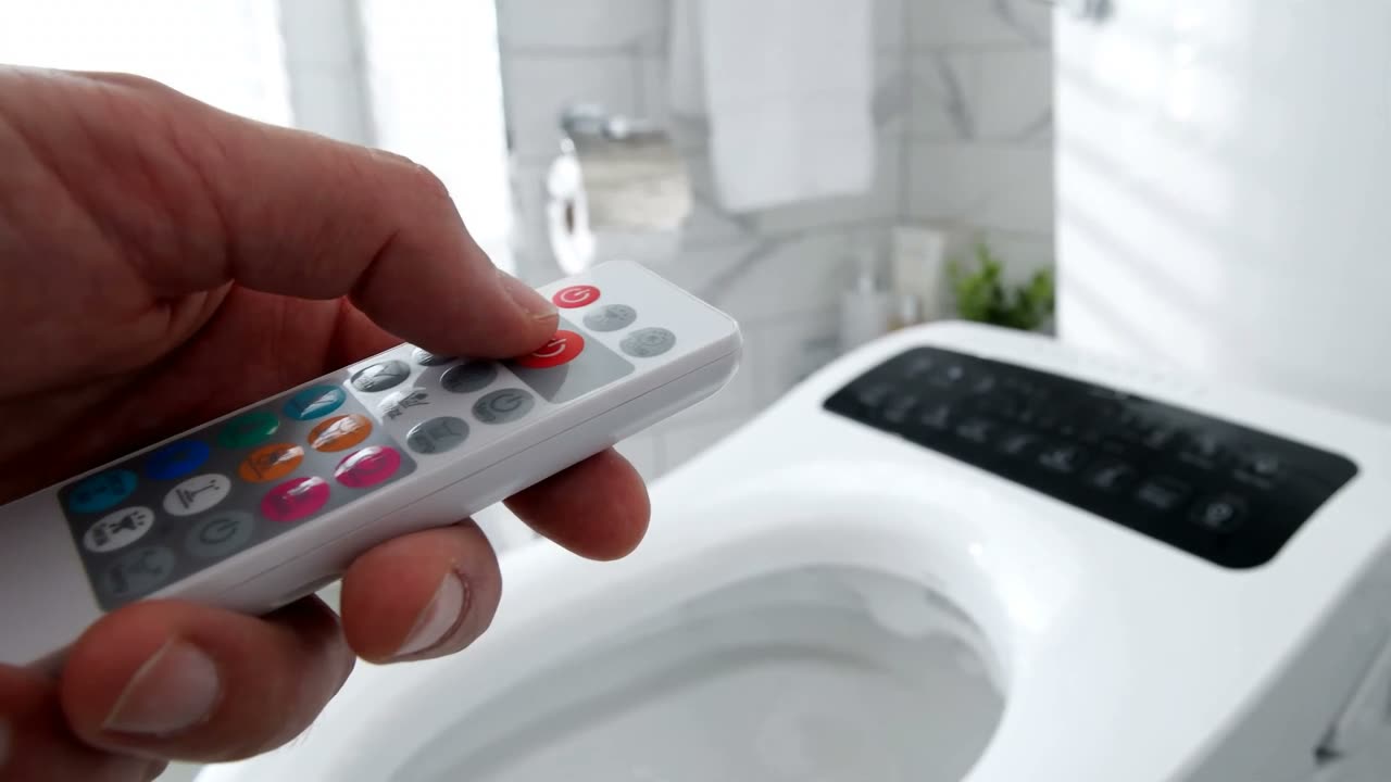 Sample clip poster: hand pressing a remote near an electric seat's glowing control panel